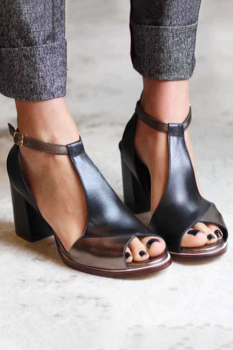 Nadaria | Czarne sandały peep toe patchwork na obcasie