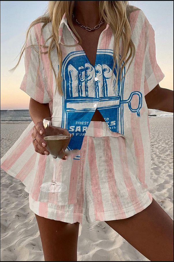 Silava™ | Krótki zestaw lniany z nadrukiem sardynki