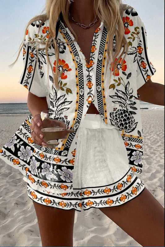 Irella™ | Krótki zestaw lniany z kwiatowym nadrukiem