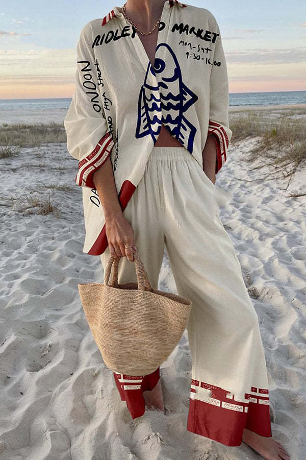 Rounelle™ | Komplet lniany z niebieskim nadrukiem ryb