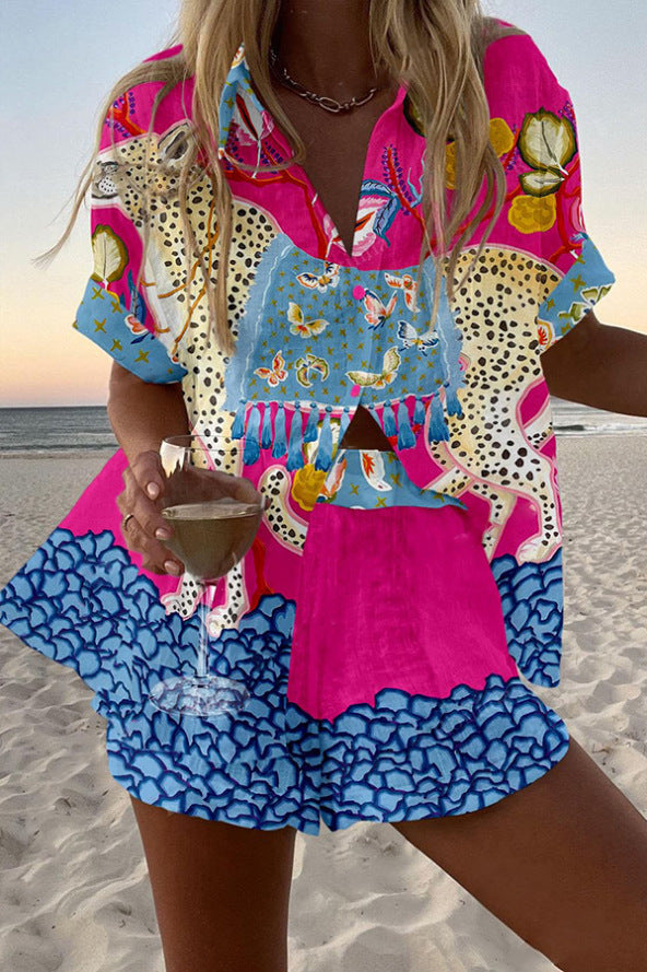 Belina™ | Krótki zestaw lniany z motywem motyla