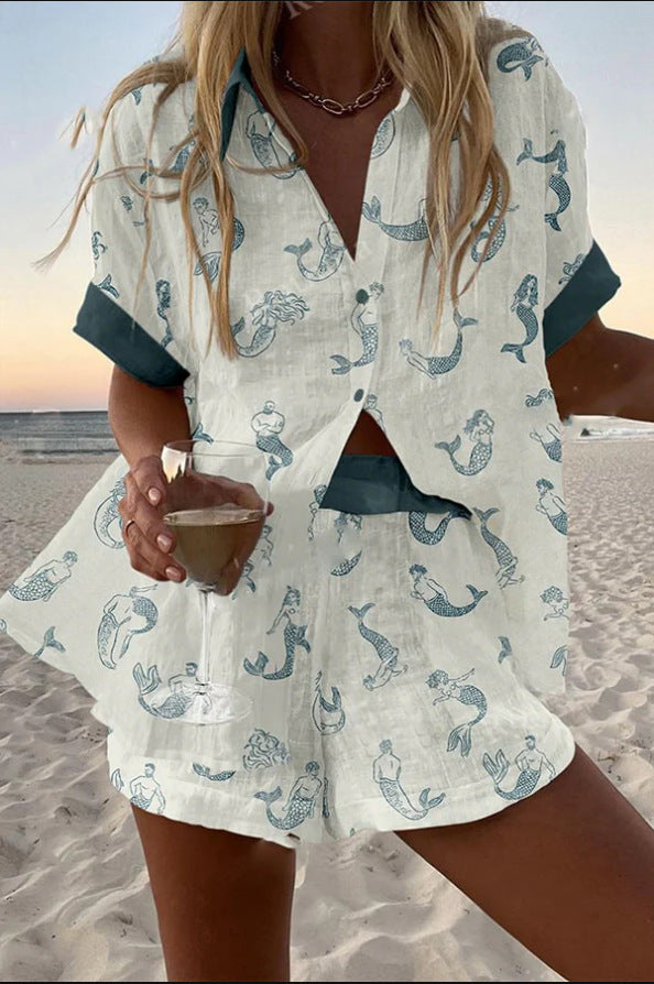 Jalira™ | Krótki zestaw lniany z nadrukiem syrenki