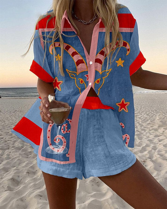 Jorelle™ | Krótki Zestaw Lniany z Wzorem Kozy