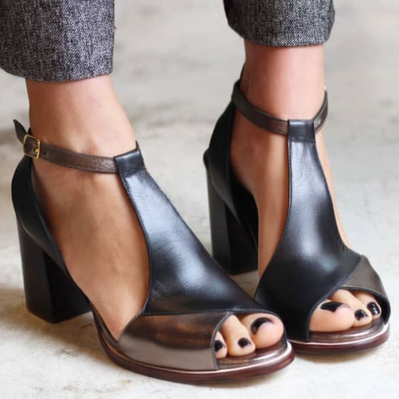 Nadaria | Czarne sandały peep toe patchwork na obcasie