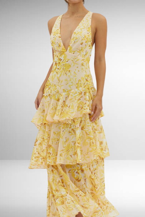 Klementyna | Sukienka midi z warstwowymi falbanami, głębokim dekoltem i dopasowaną górą