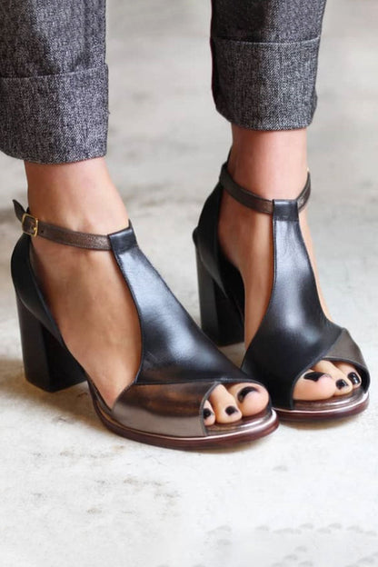Nadaria | Czarne sandały peep toe patchwork na obcasie