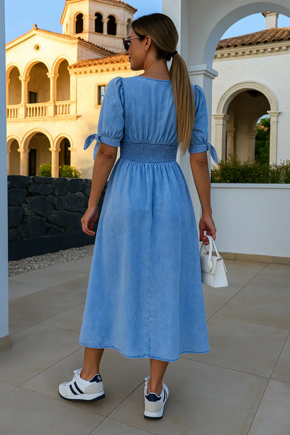 Amelie | Codzienna Sukienka Midi z Bufiastymi Rękawami