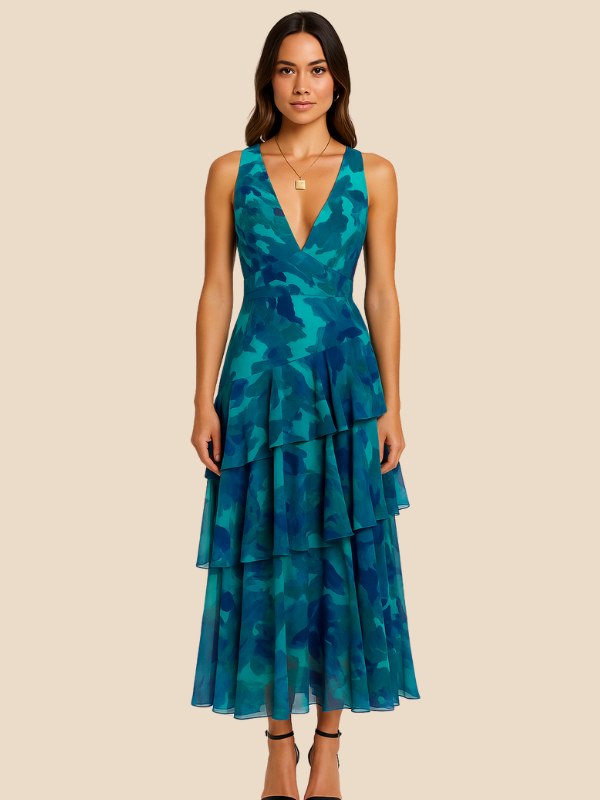 Klementyna | Sukienka midi z warstwowymi falbanami, głębokim dekoltem i dopasowaną górą