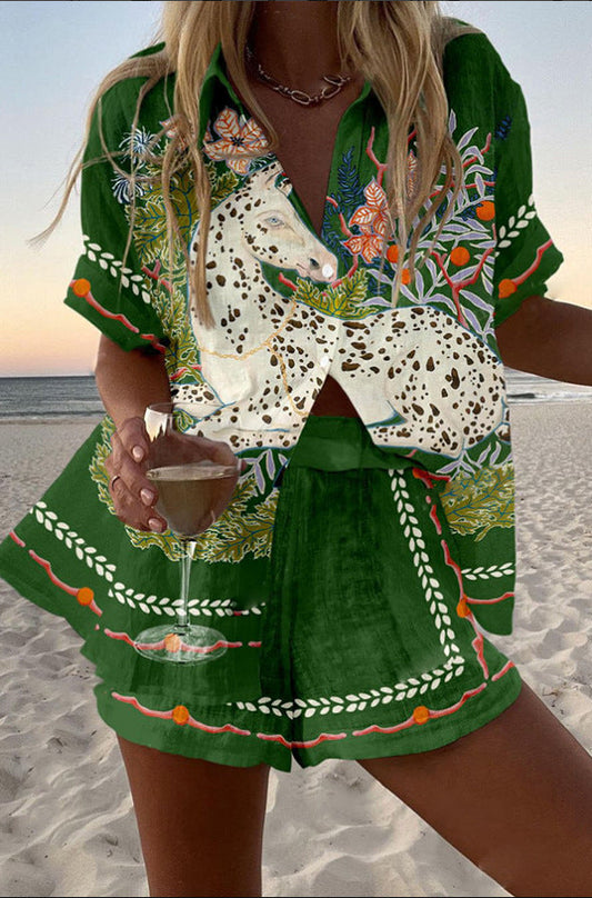 Céphira™ | Krótki zestaw lniany z nadrukiem konia